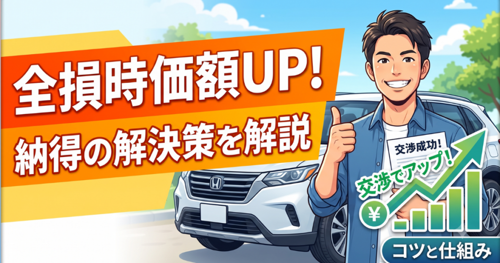 全損時価額UP！納得の解決策を解説に対し、男性が親指を立てて、嬉しい表情をしているイラストサムネイル画像