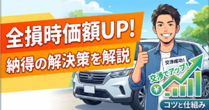 全損時価額UP！納得の解決策を解説に対し、男性が親指を立てて、嬉しい表情をしているイラストサムネイル画像