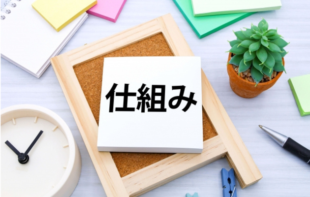 コルク盤の上に白の付箋が置いてあり、「仕組み」と書いてある。回りに時計や付箋、ボールペンなどが置いてある写真