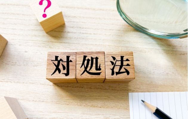 積み木に「対処法」と書かれている。周りに虫眼鏡や積み木に「？」と書かれていたり、鉛筆やメモ紙が置いてある写真